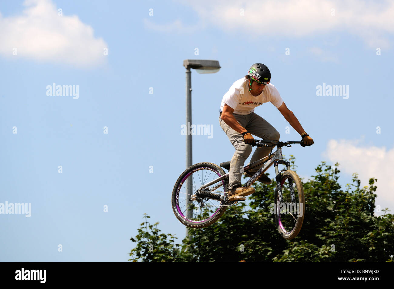 An unidentified contestant participates in a BMX/Mountain Bike contest. Stock Photo