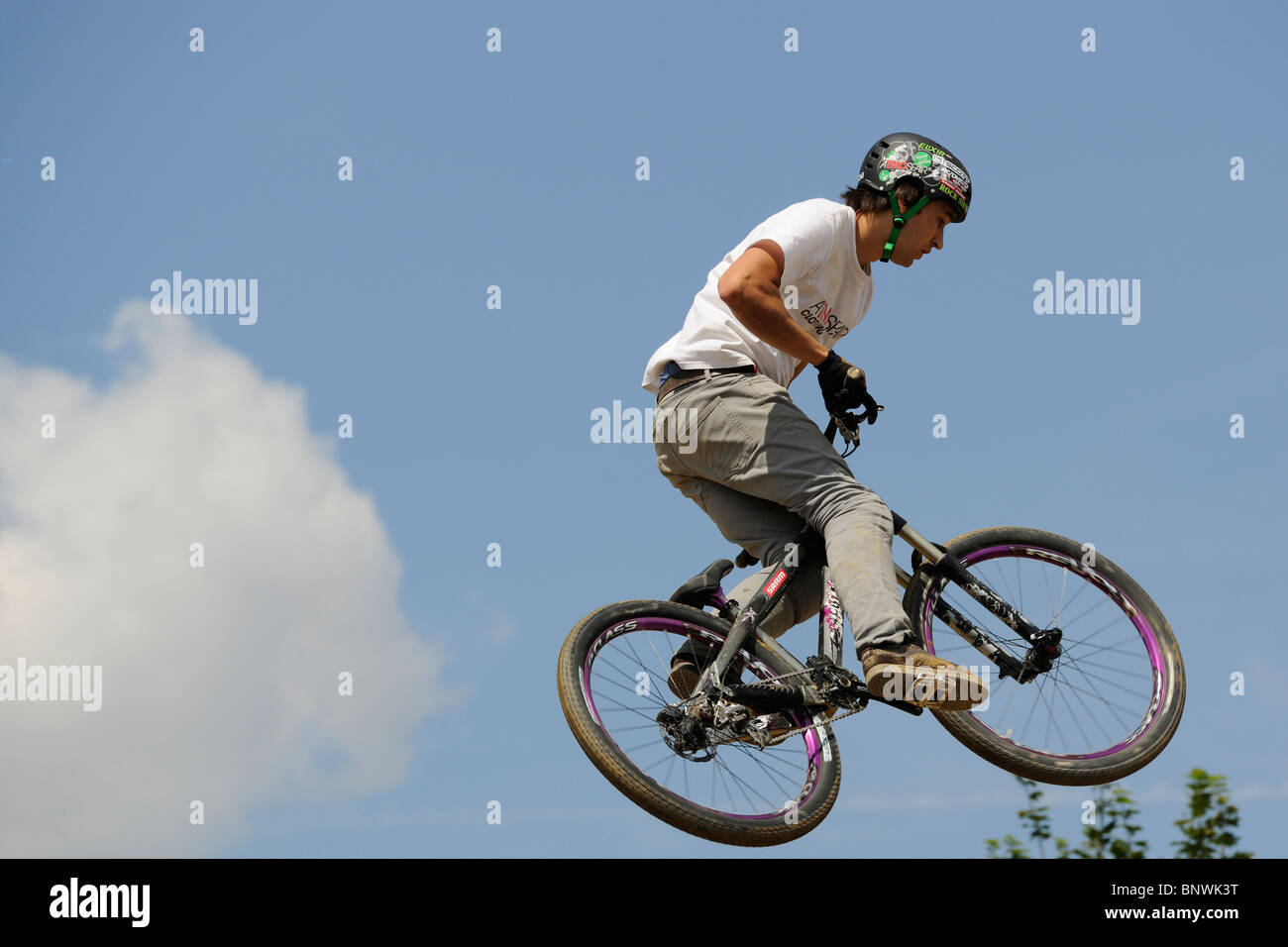 An unidentified contestant participates in a BMX/Mountain Bike contest. Stock Photo