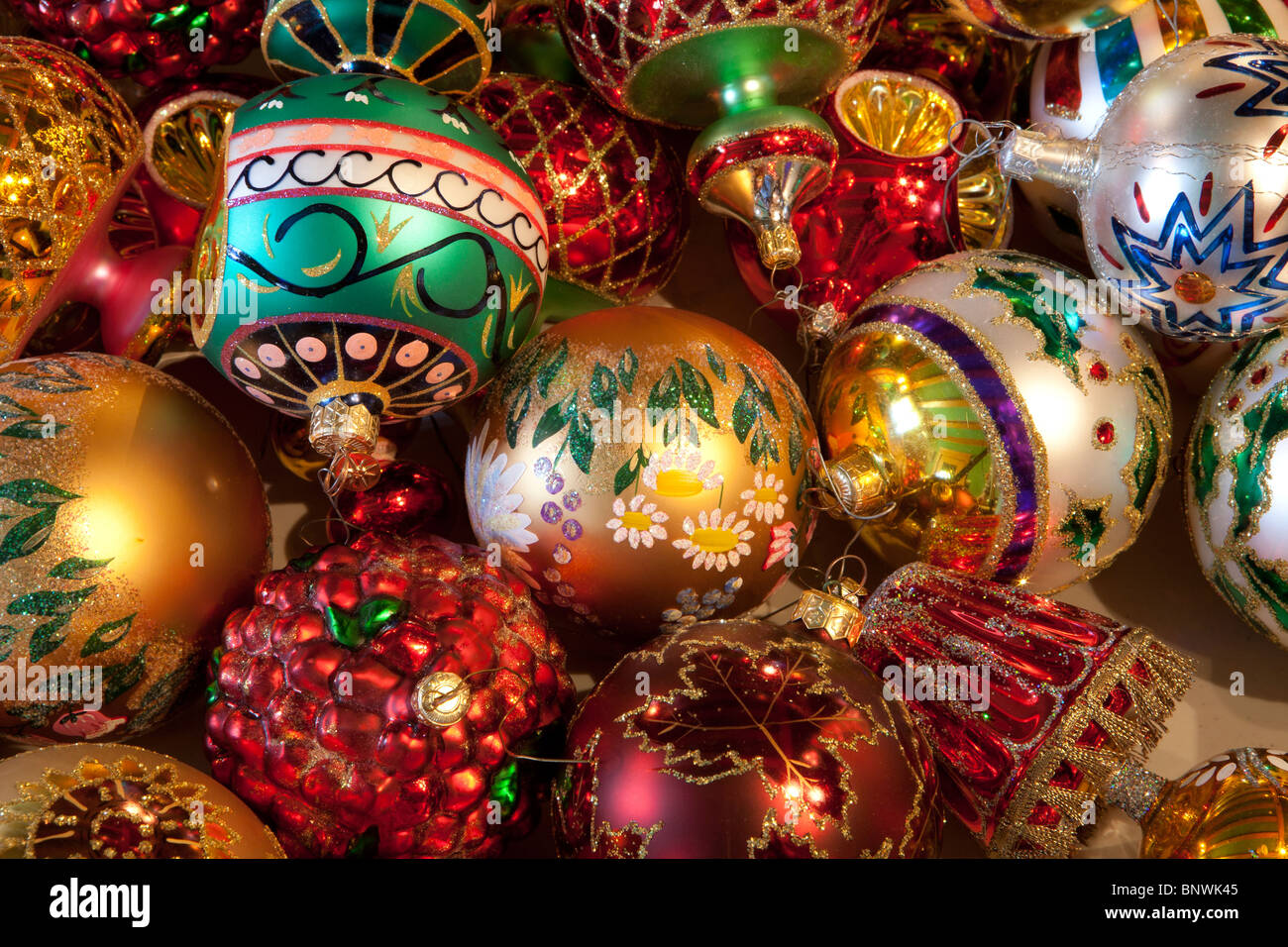 A pile of classic antique Christmas tree ornaments. Stock Photo