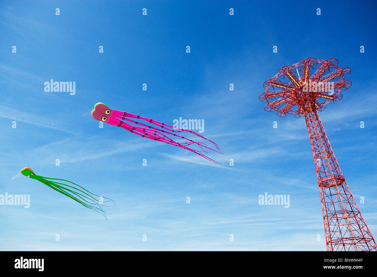 Kites and amusement park ride Stock Photo