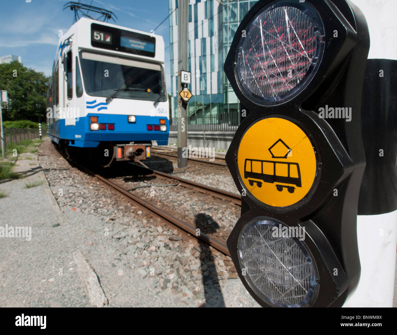 Tram and pedestrian crossing control at Amsterdam Zuid in the Netherlands Stock Photo