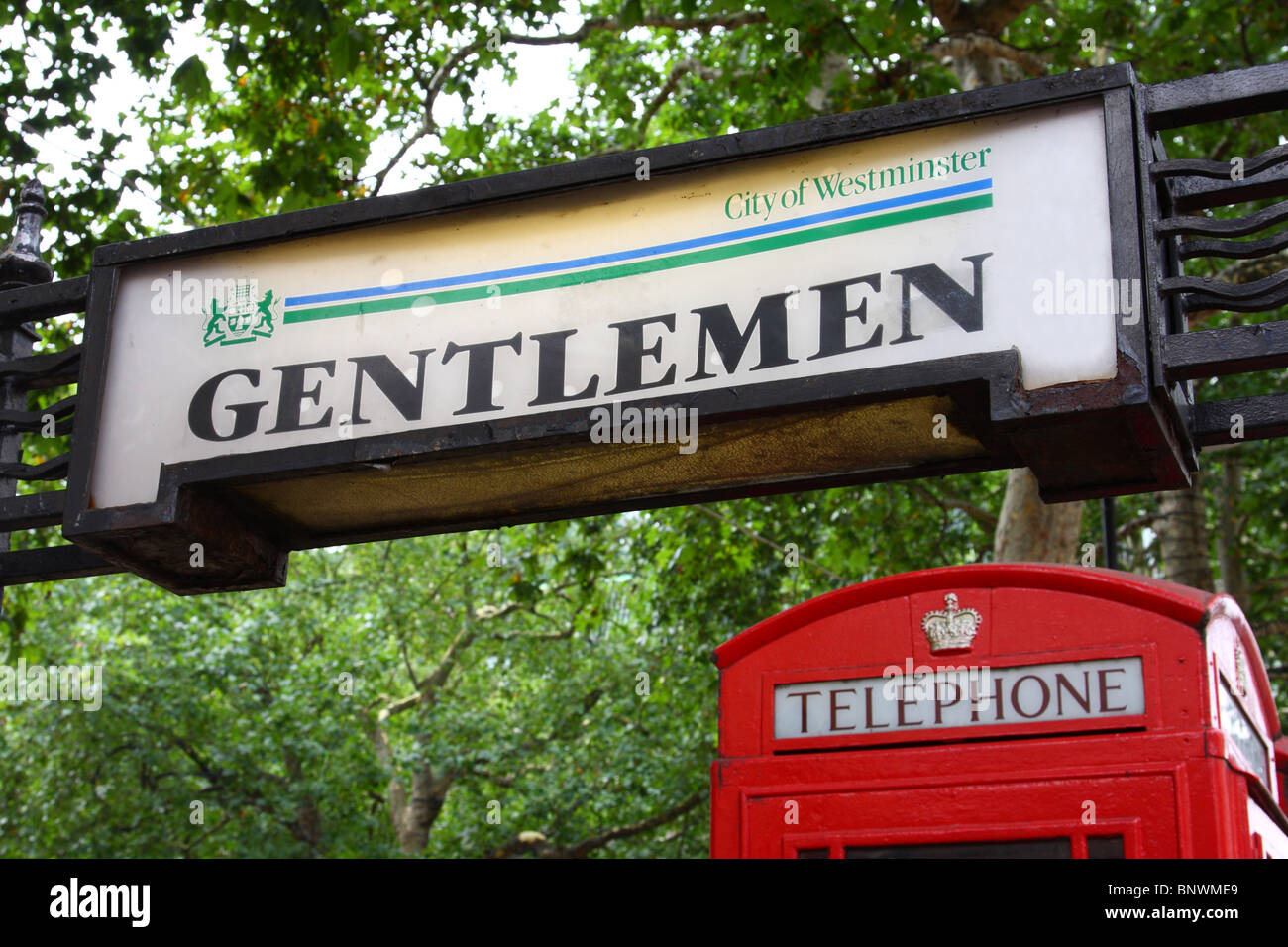 A City of Westminster public toilet sign in Leicester Square, London, England, U.K. Stock Photo