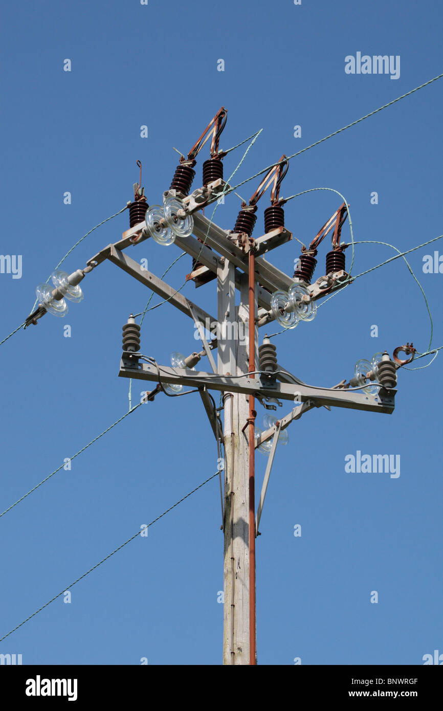 A power line (wires/cables) on a wooden telegraph pole on the edge of a field near Bridport, Dorset, UK. Stock Photo