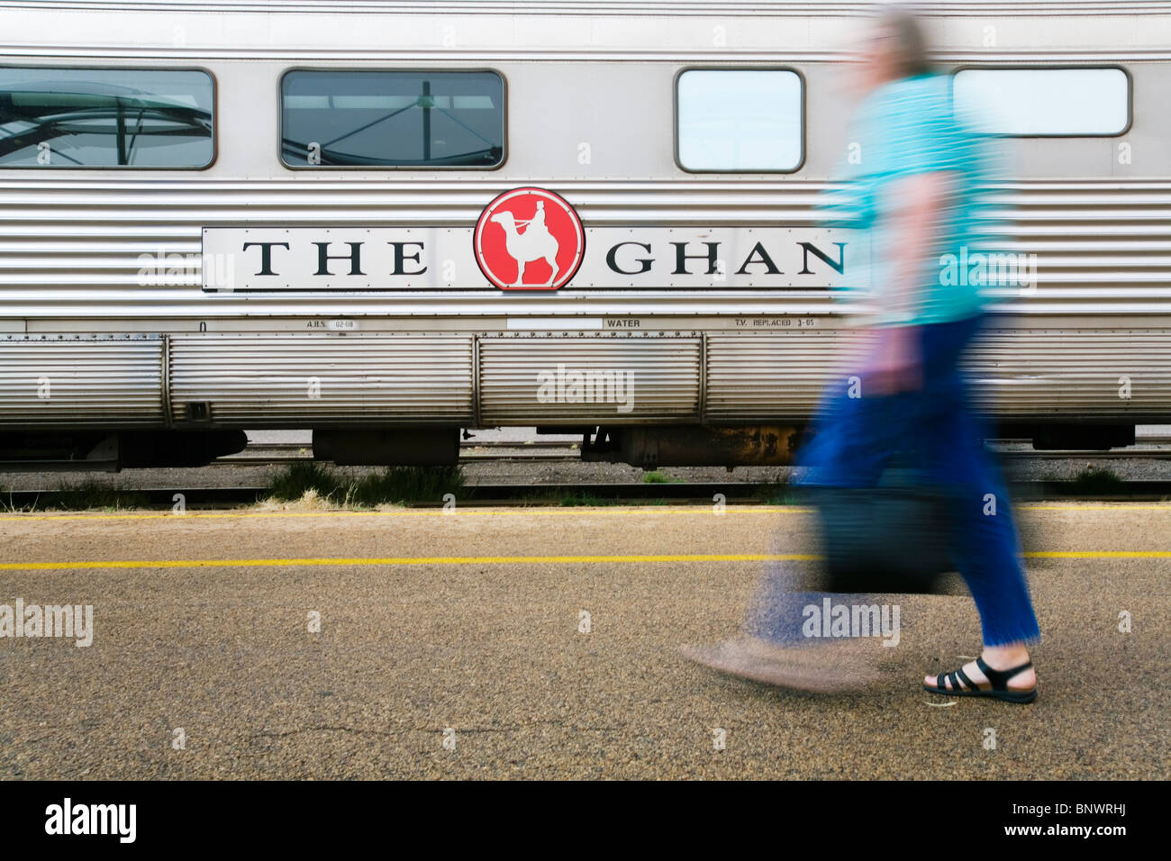 The Ghan passenger train at Alice Springs station. Alice Springs