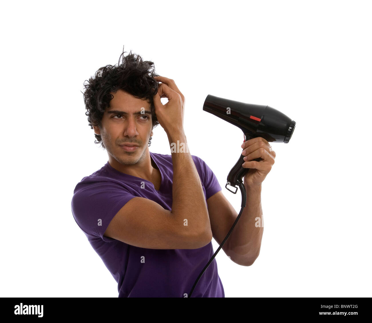 Man blow drying hair - bad hair days! Stock Photo - Alamy