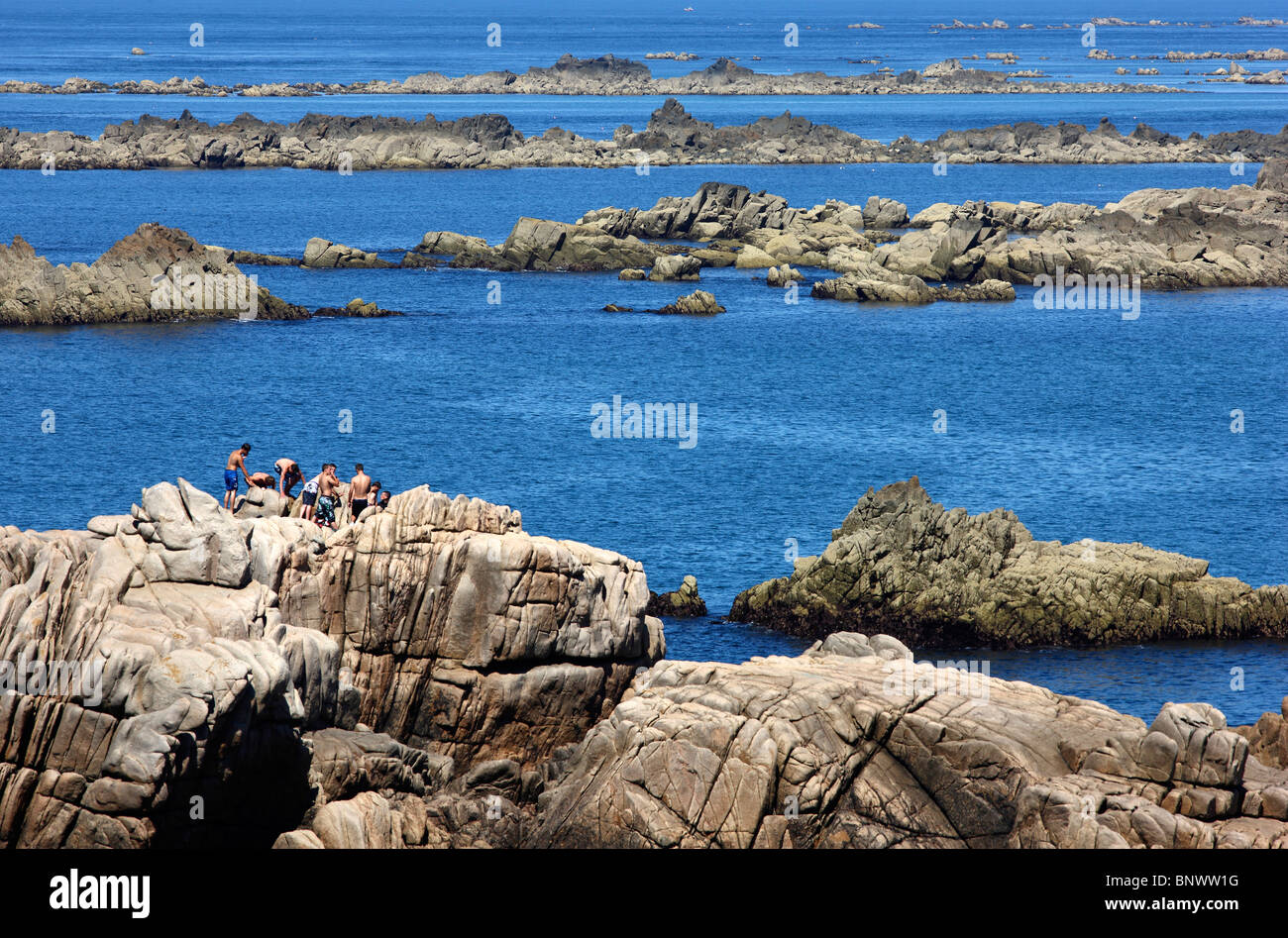 Rough coastline, rocks, north coast of Guernsey, Channel Islands, UK, Europe Stock Photo