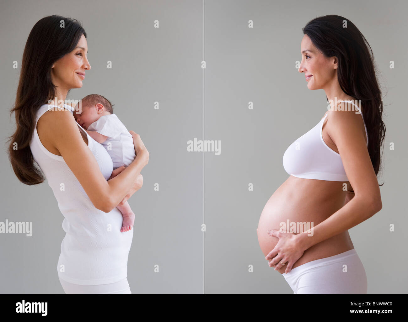 Before and after picture of pregnant woman Stock Photo