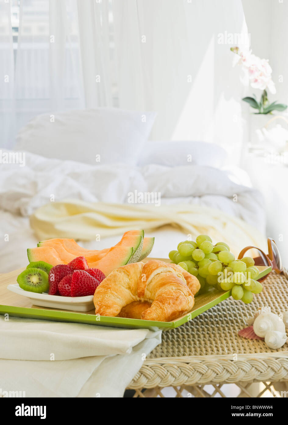 Breakfast tray in bedroom Stock Photo