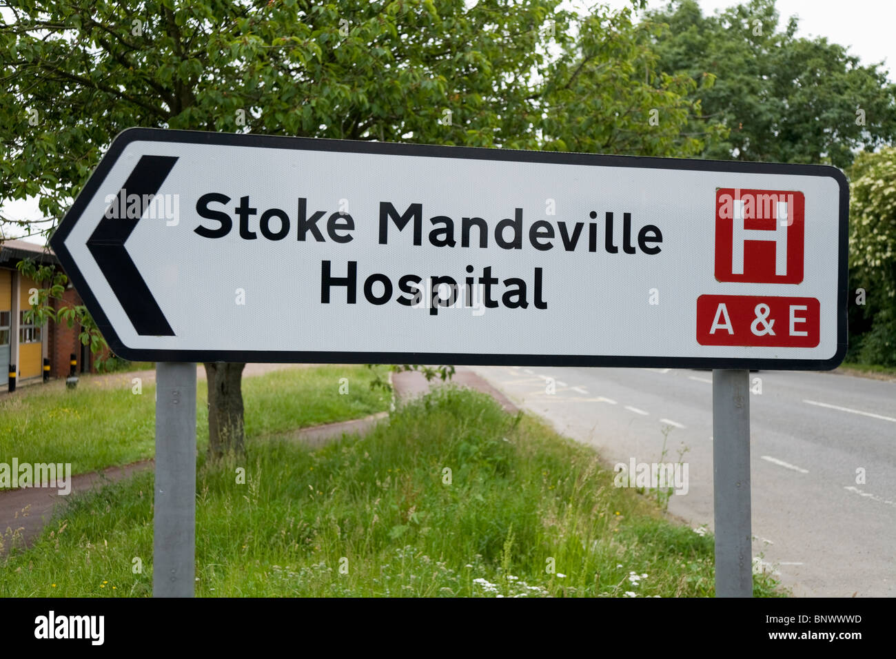 Entrance sign outside Stoke Mandeville hospital. UK. Stock Photo