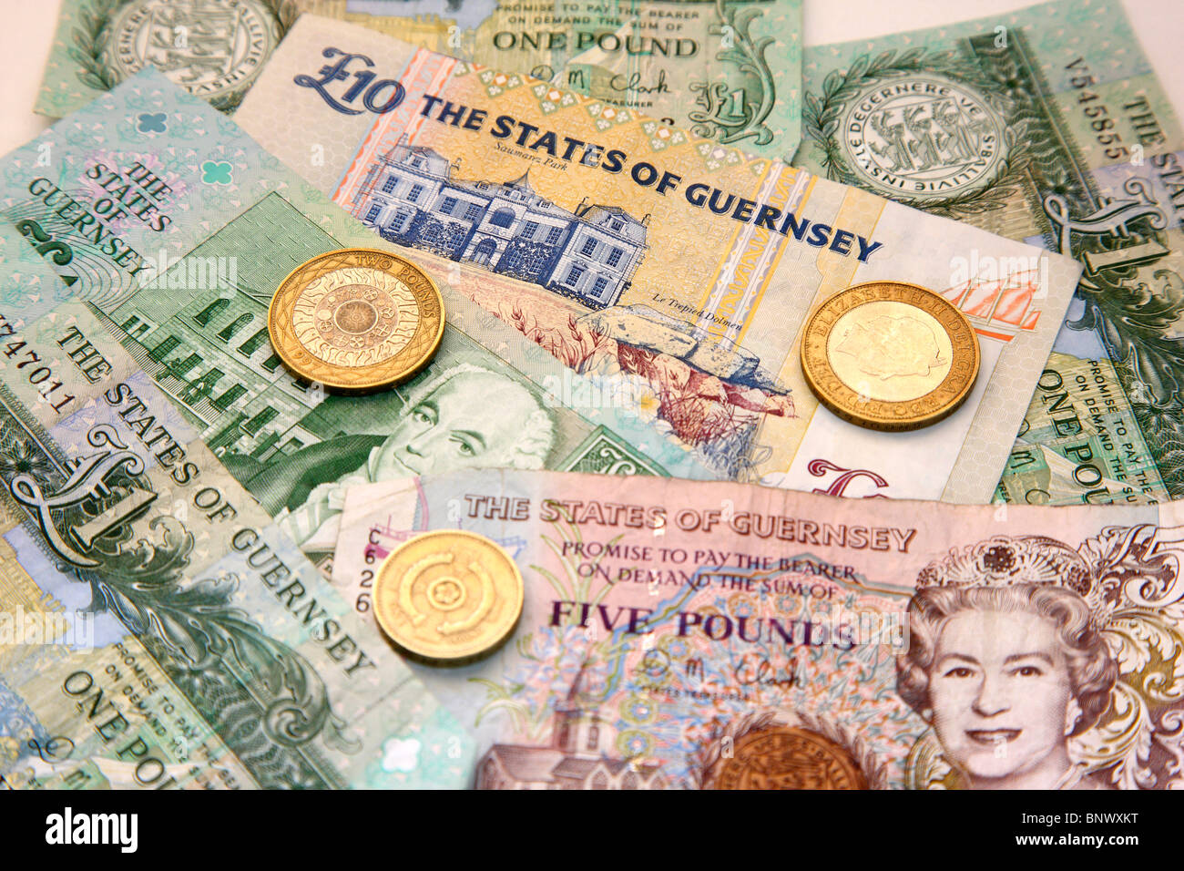 Guernsey pound notes. The Channel island has its own money, convertible