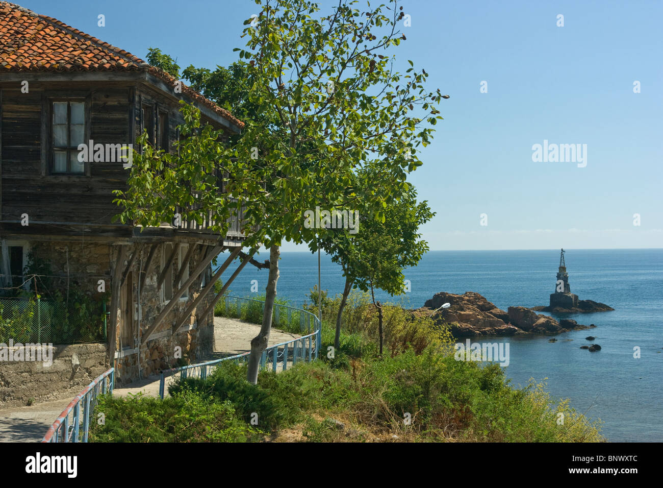 Southern Black Sea coast, wooden house at Ahtopol, lighthouse, Balkans, Bulgaria Stock Photo