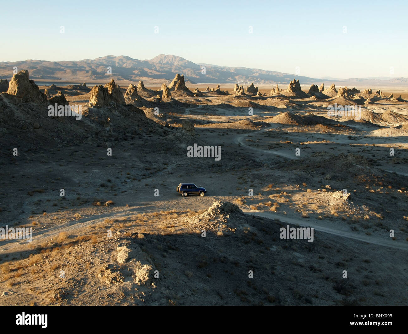 Sunset at Trona Pinnicals in the California Mojave desert. Stock Photo