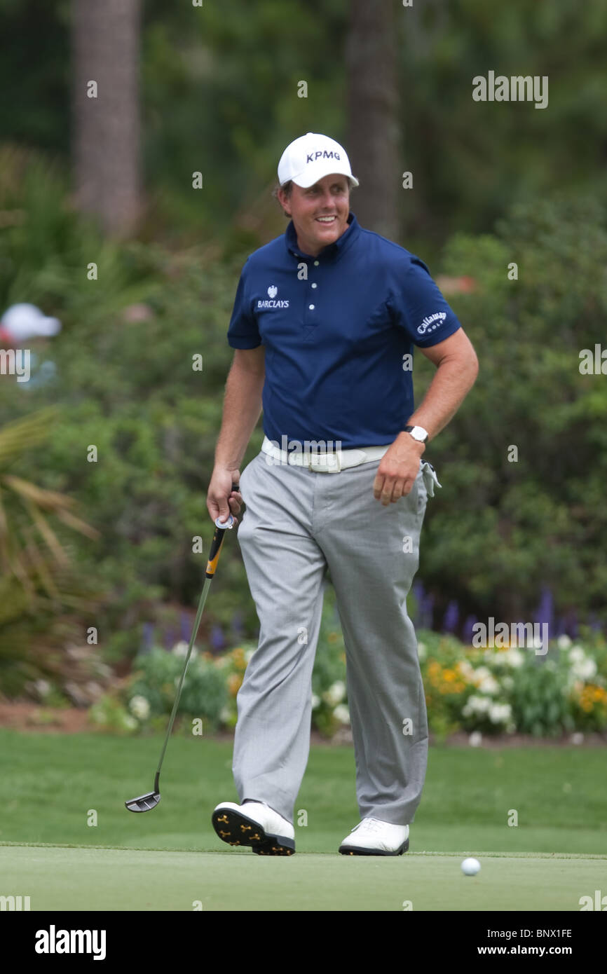 Phil Michelson smiles on the 13th green during a practice round of the 2009 Players Championship. Stock Photo