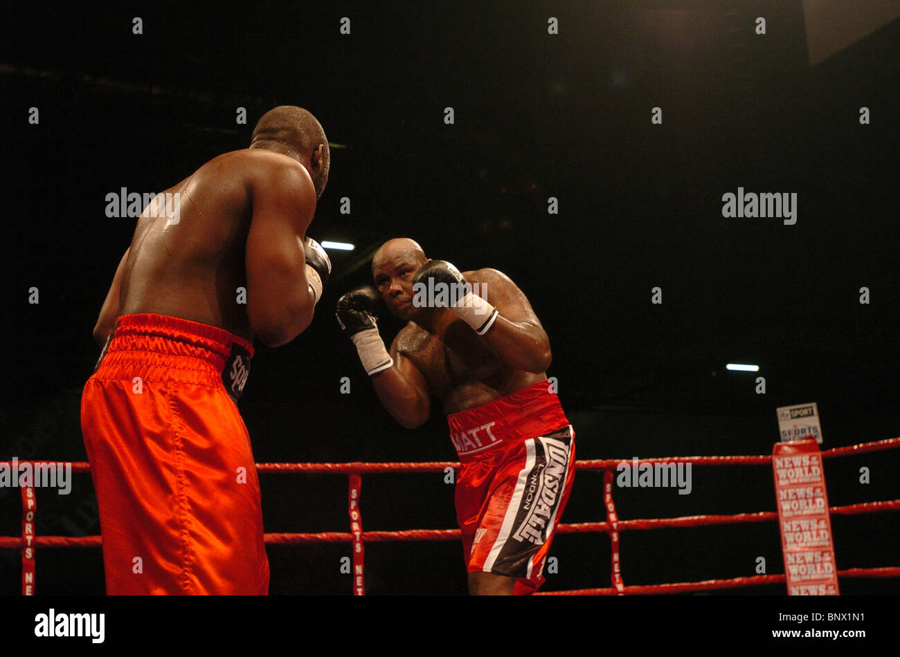 Heavyweight Danny Williams (left) beats Matt Skelton in their first meeting at the ExCel Arena in London UK Stock Photo