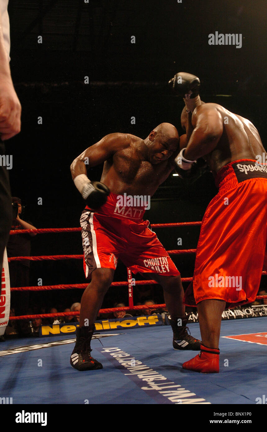 Heavyweight Danny Williams beats Matt Skelton (left) in their first meeting at the ExCel Arena in London UK Stock Photo
