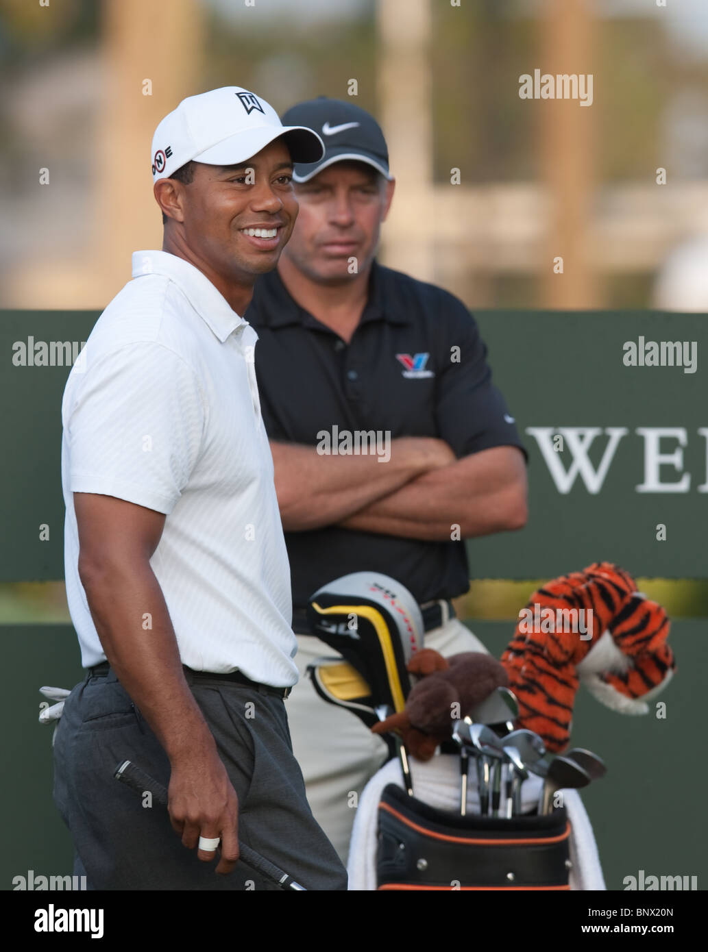 Tiger Woods and caddie Steve Williams on the 10th tee during a practice round of the 2009 Players Championship. Stock Photo