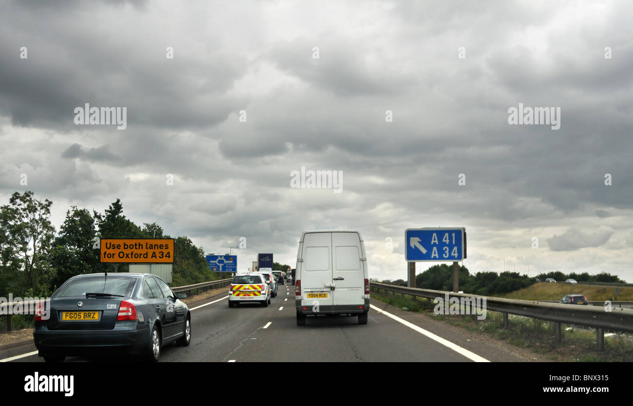 Traffic jam on the M40 motorway junction 9 south bound Oxford and A41 exit in Oxfordshire, UK. Stock Photo