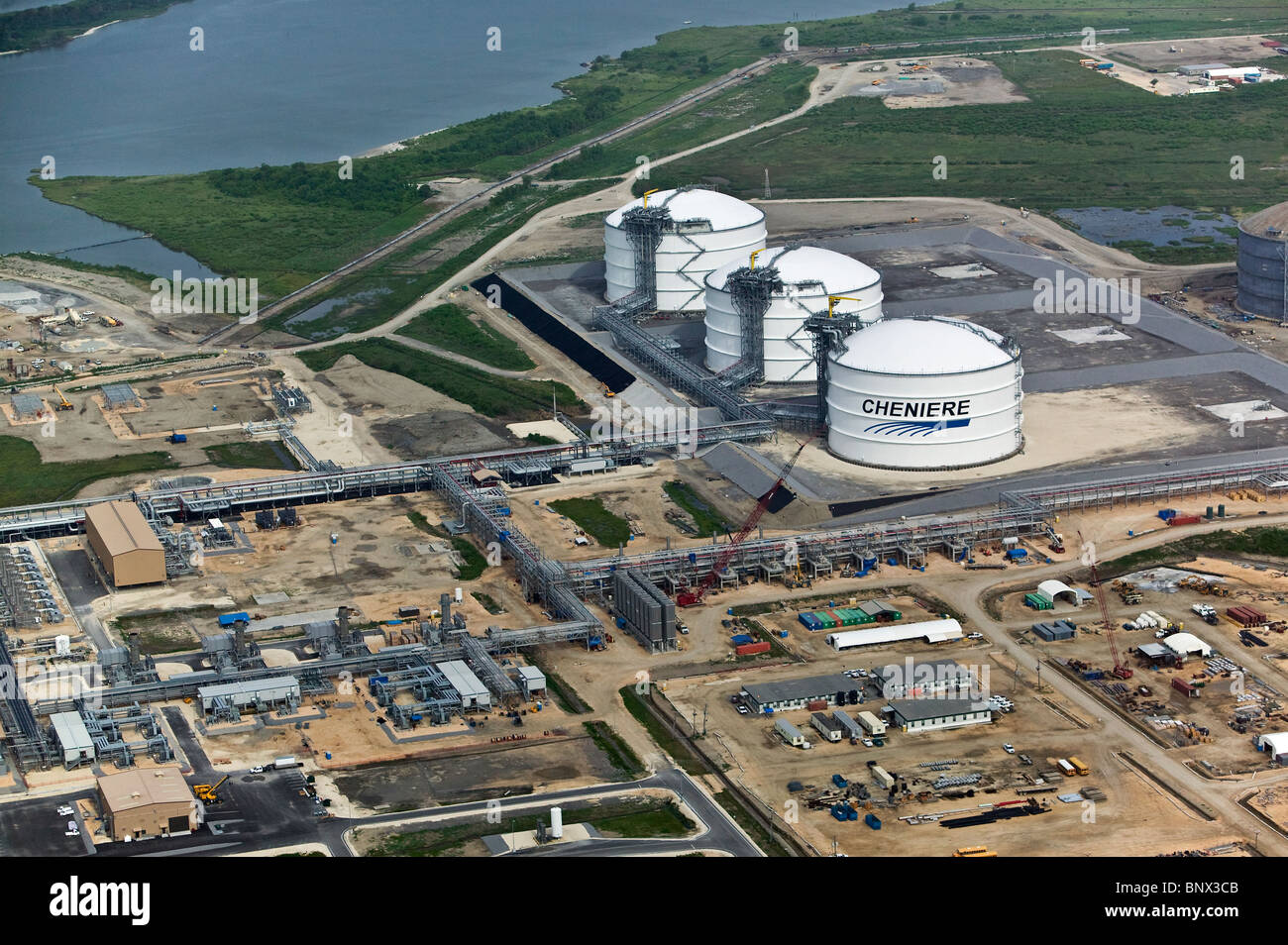 aerial view above Cheniere Energy liquified natural gas storage facility tanks Gulf coast Texas Stock Photo