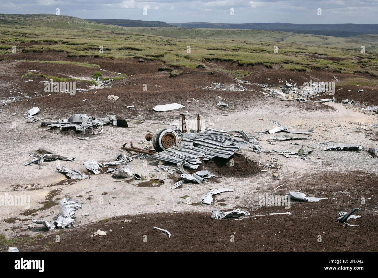 Wreckage of a B-29 airplane on the peat moors of Bleaklow in the Peak District. Stock Photo