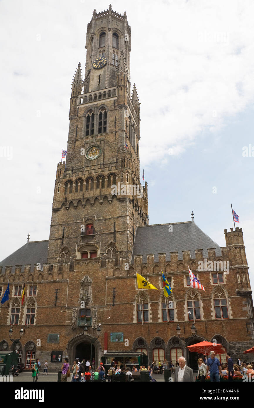 Bruges Belgium Europe EU Belfort-Hallen the Bell Tower and covered market in the Markt square Stock Photo
