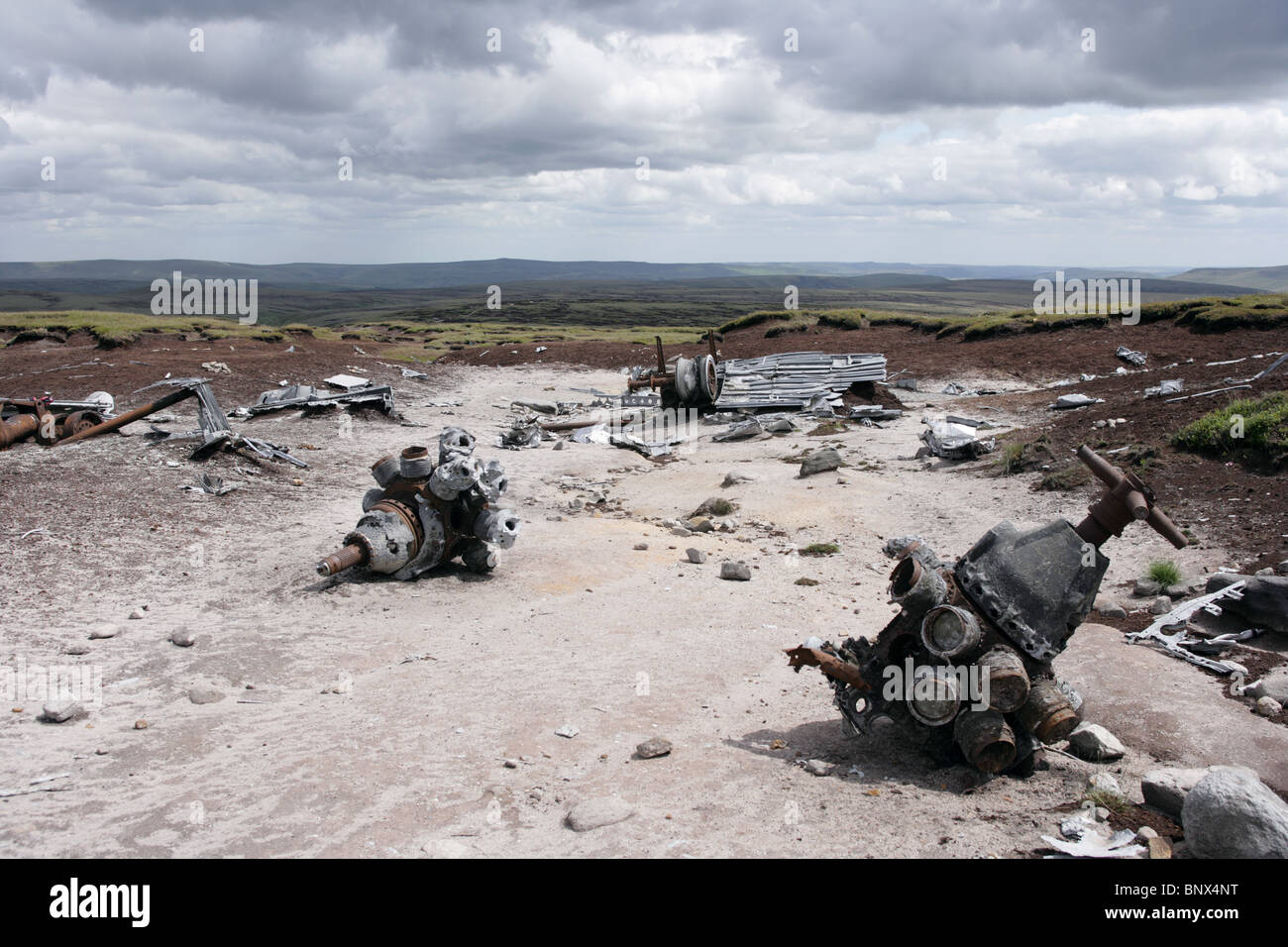 Wreckage of a B-29 airplane on the peat moors of Bleaklow in the Peak District. Stock Photo