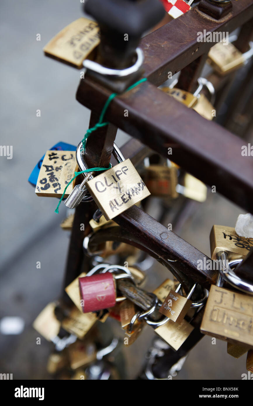 Locks of love on the Ponte Vecchio in Florence, Italy Stock Photo