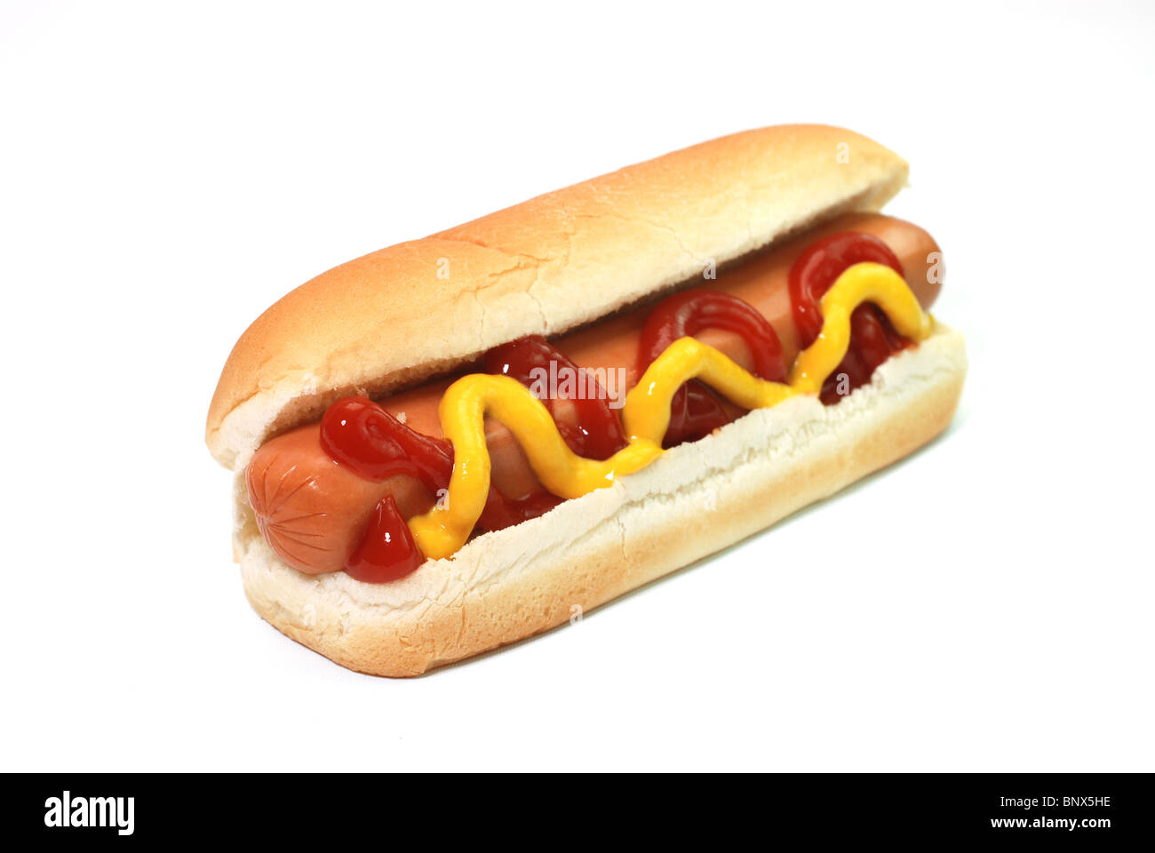 Hot dog with ketchup and mustard isolated on white background Stock