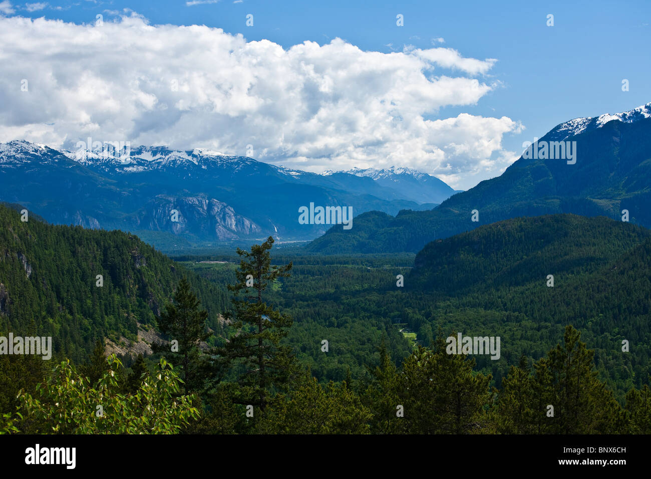 Looking down the Squamish Valley towards Howe Sound from the Sea to Sky Highway BC Canada Stock Photo
