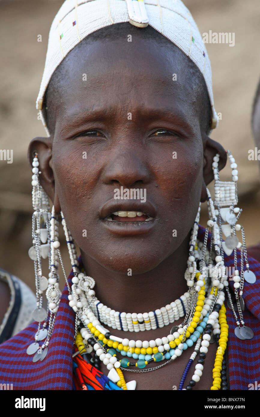 Maasai woman with necklace Jewelry around her neck , Ngogongoro conservation Area, Tanzania Stock Photo