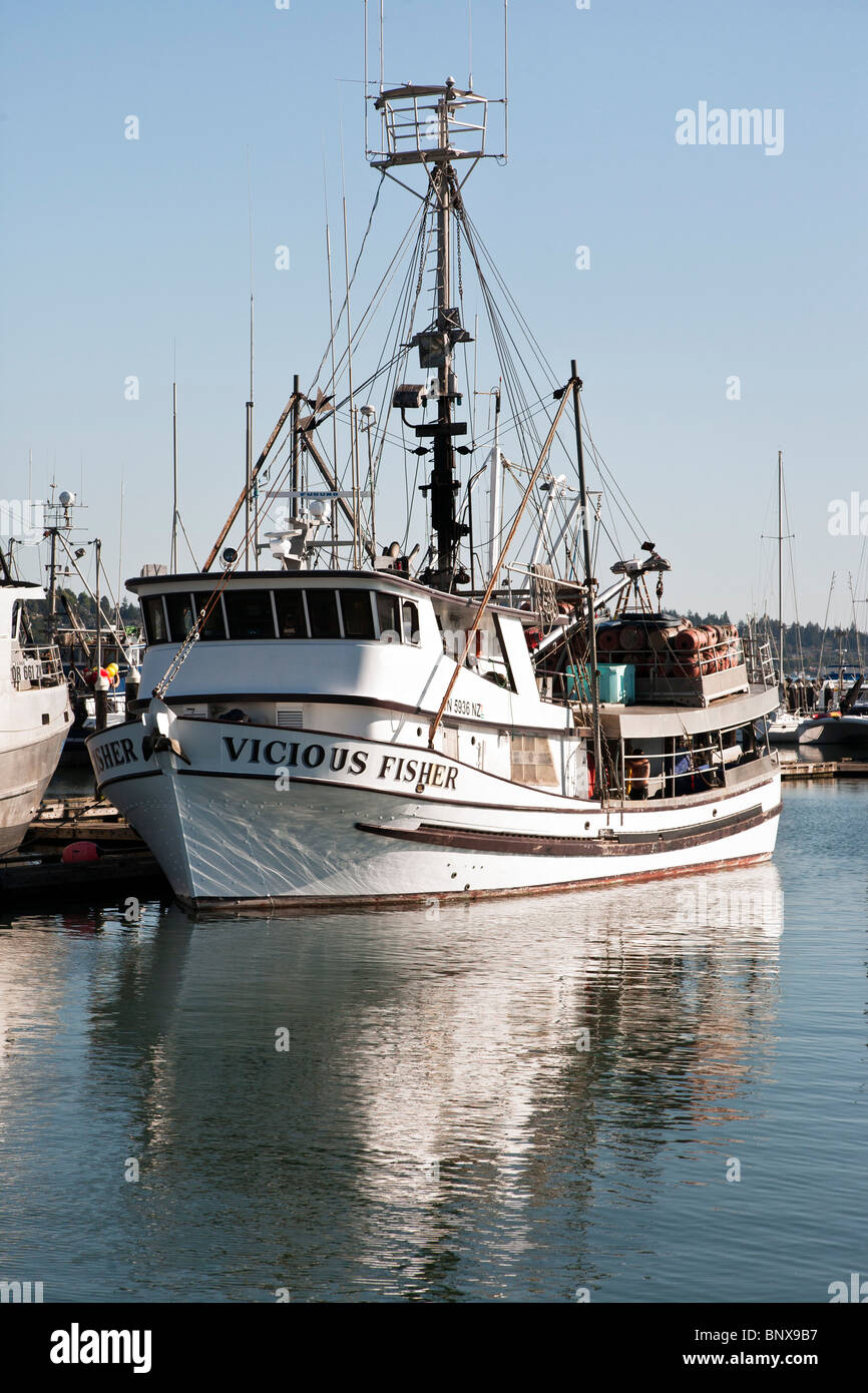 commercial crab fishing boat Vicious Fisher moored at Squalicum Harbor on beautiful sunny day in Bellingham Washington Stock Photo