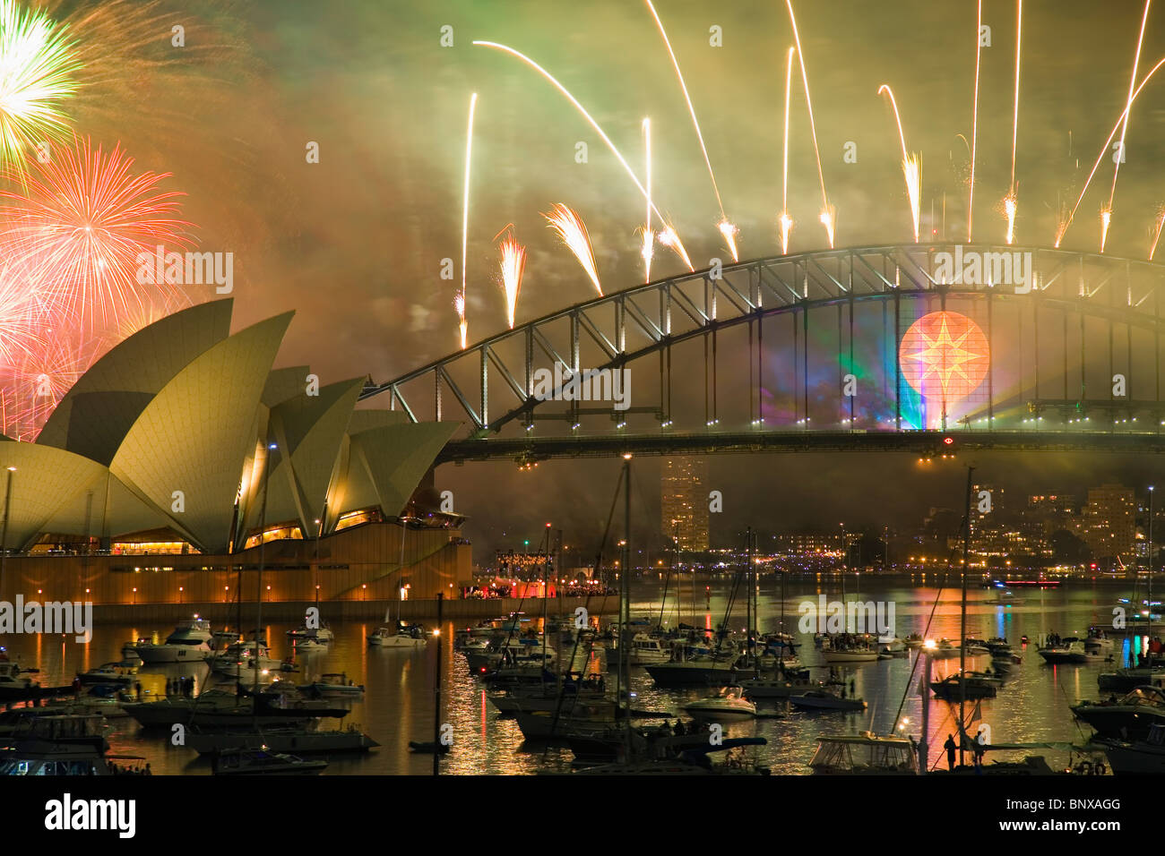 New Year's Eve fireworks over Sydney harbour. Sydney, New South Wales