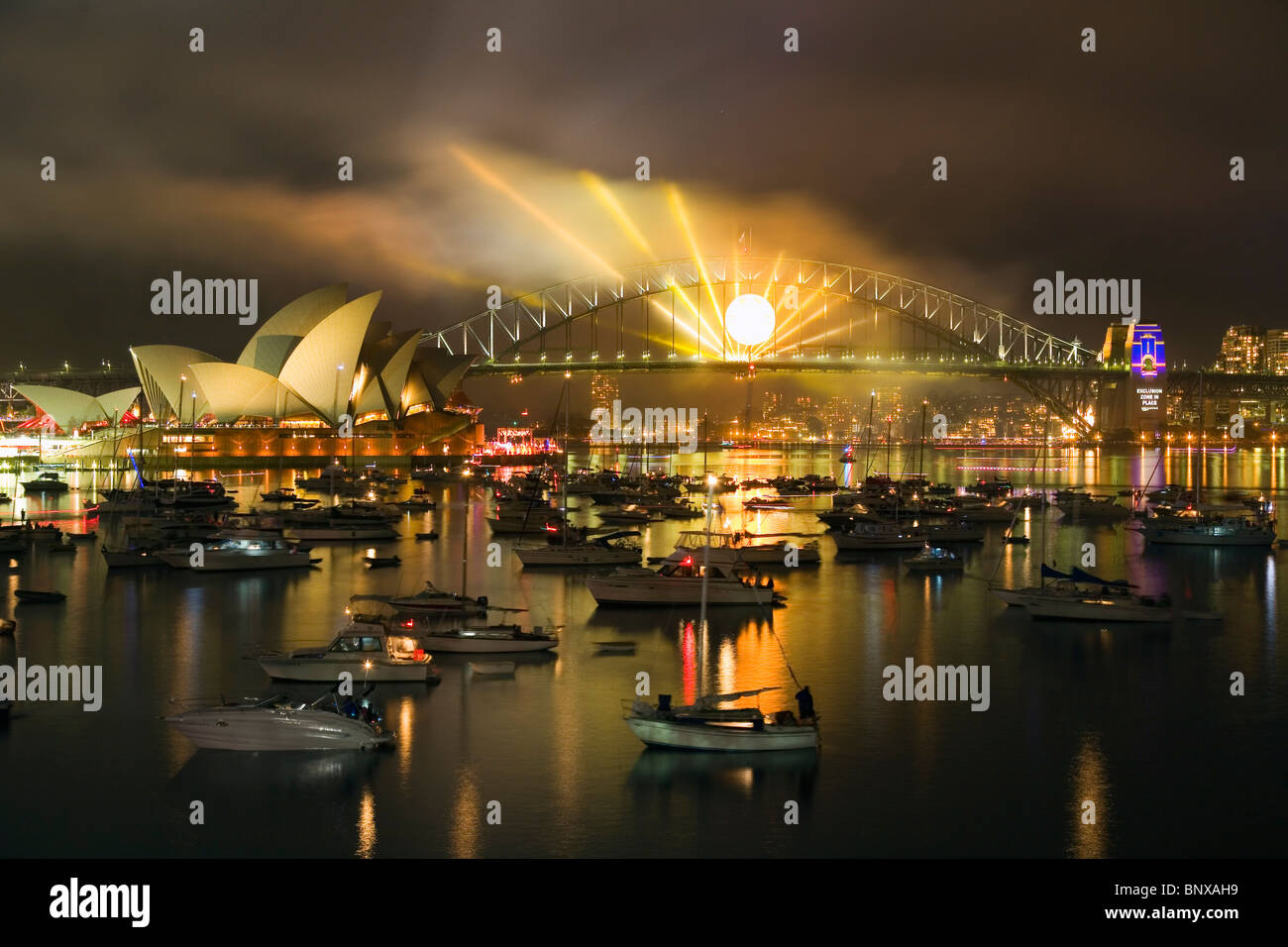 The Opera House and Harbour Bridge lit up for New Year's Eve celebrations. Sydney, New South Wales, AUSTRALIA Stock Photo