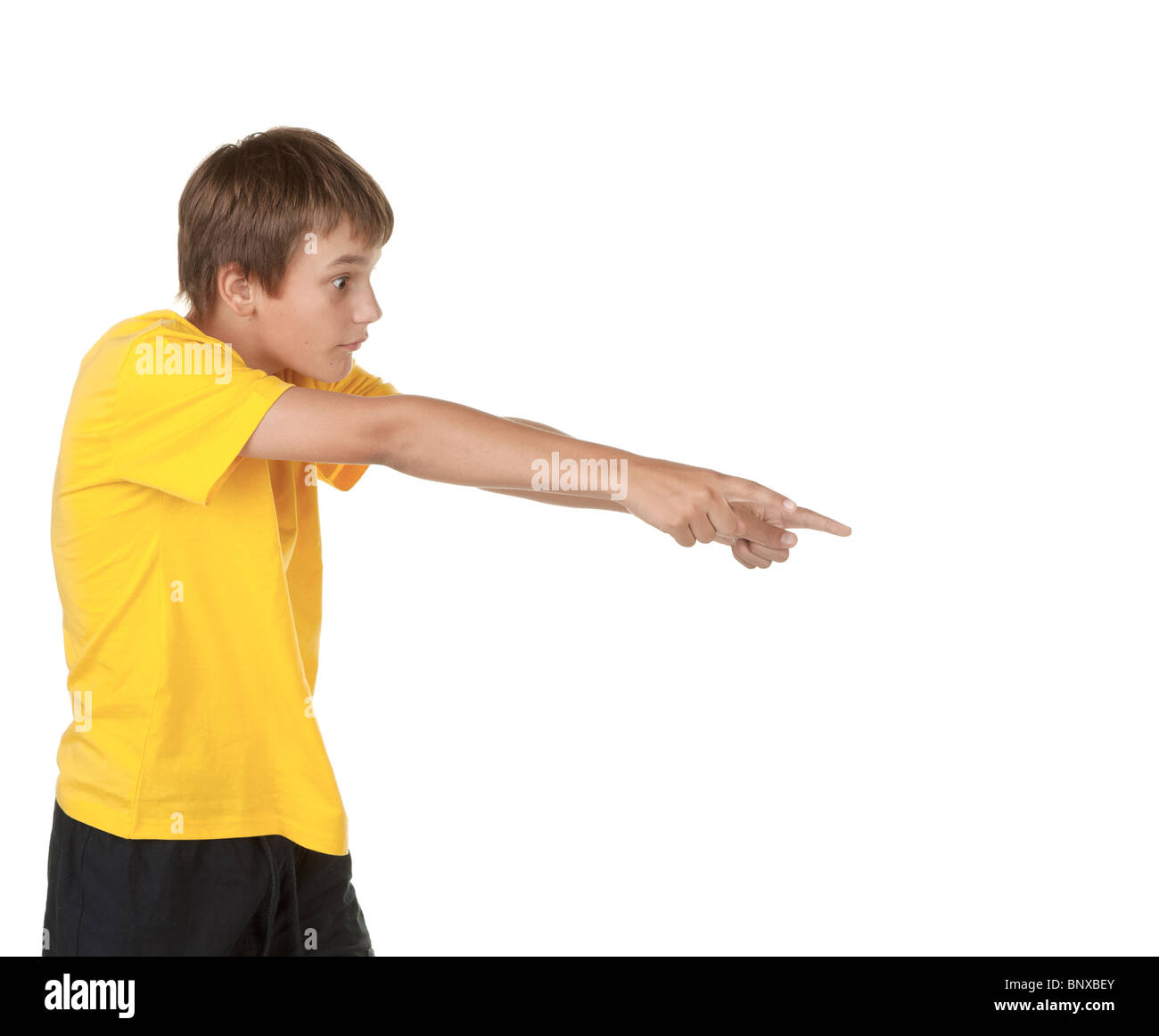boy pointing to copyspace isolated on white Stock Photo
