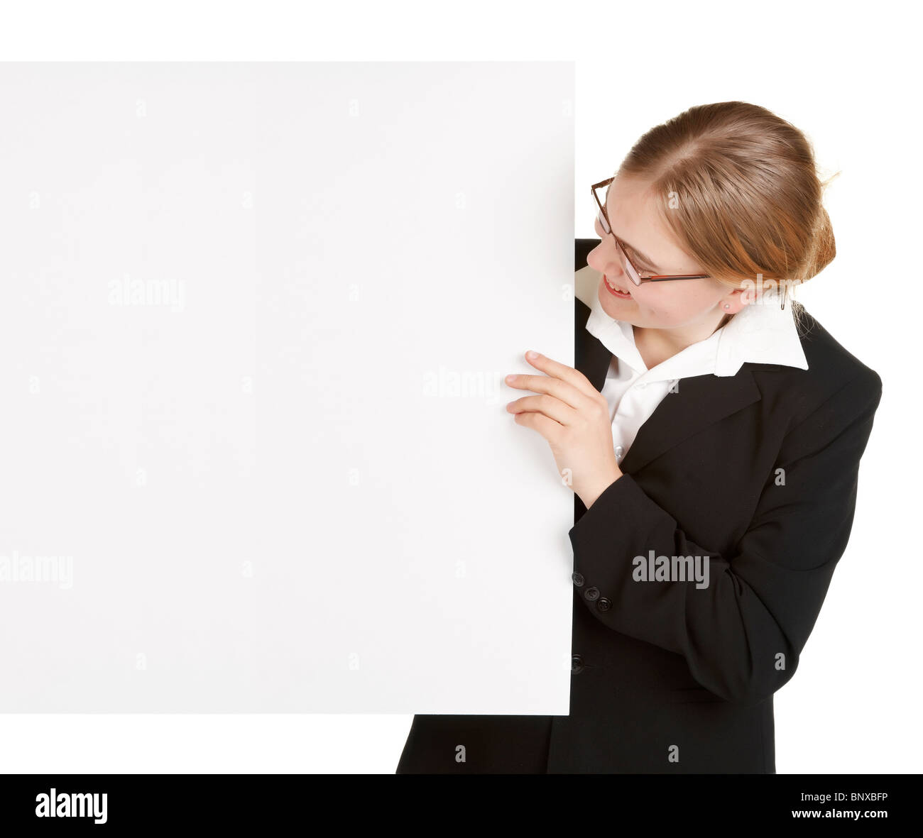 young business woman with sign board isolated on white background Stock ...