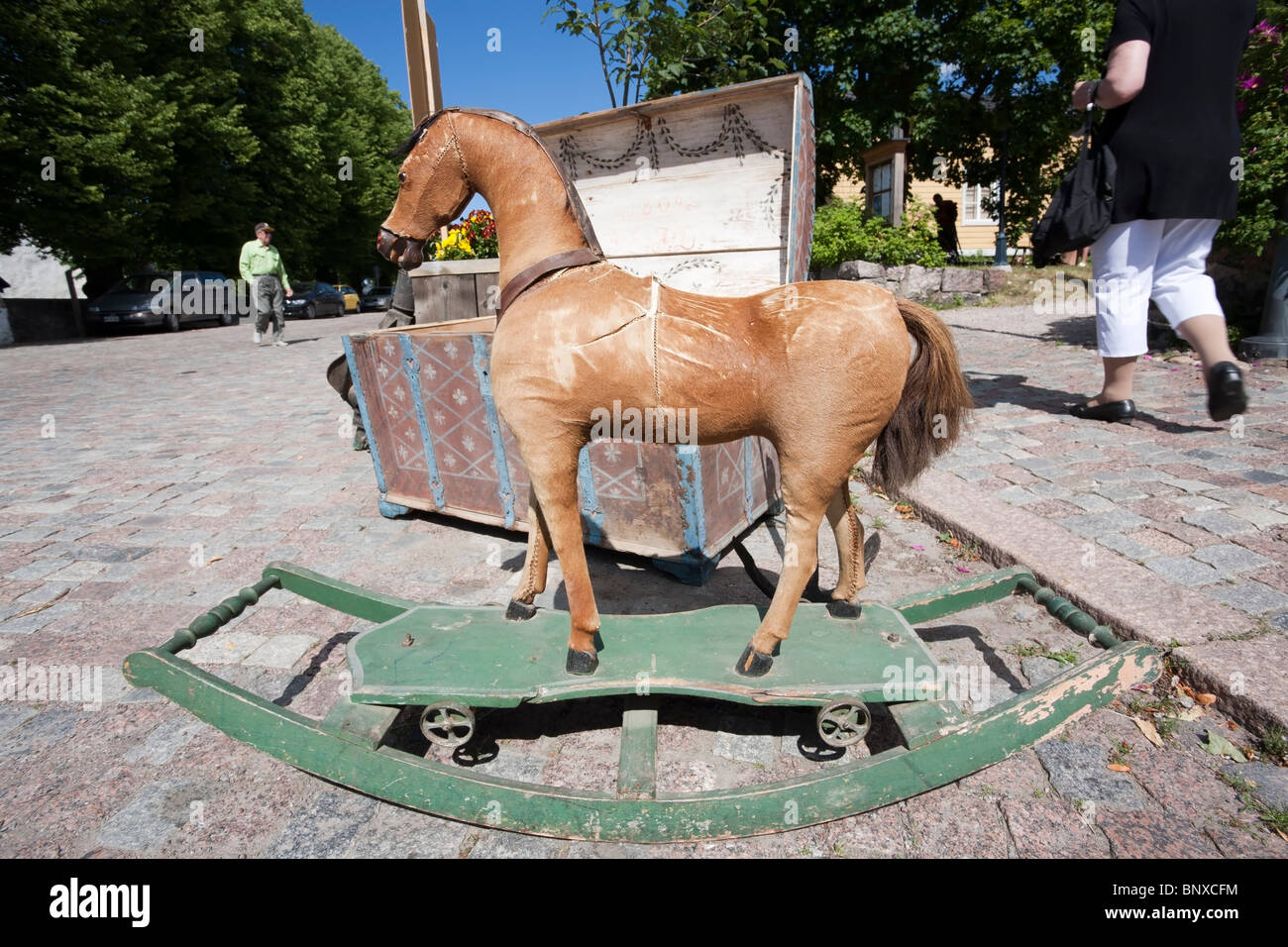 Old rocking horse on street, Porvoo Finland Stock Photo