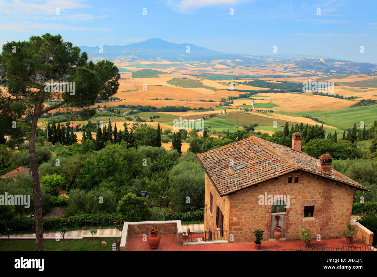 View of the surrounding Tuscan landscape from the hill town of Pienza, Italy Stock Photo