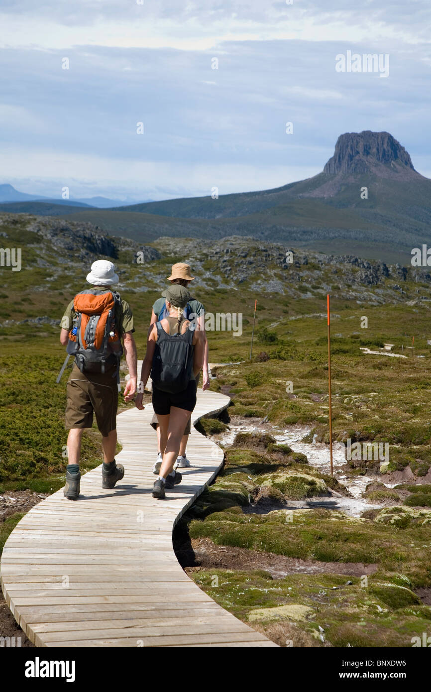 Hikers on the Overland Track on the Cradle Plateau. Cradle Mountain