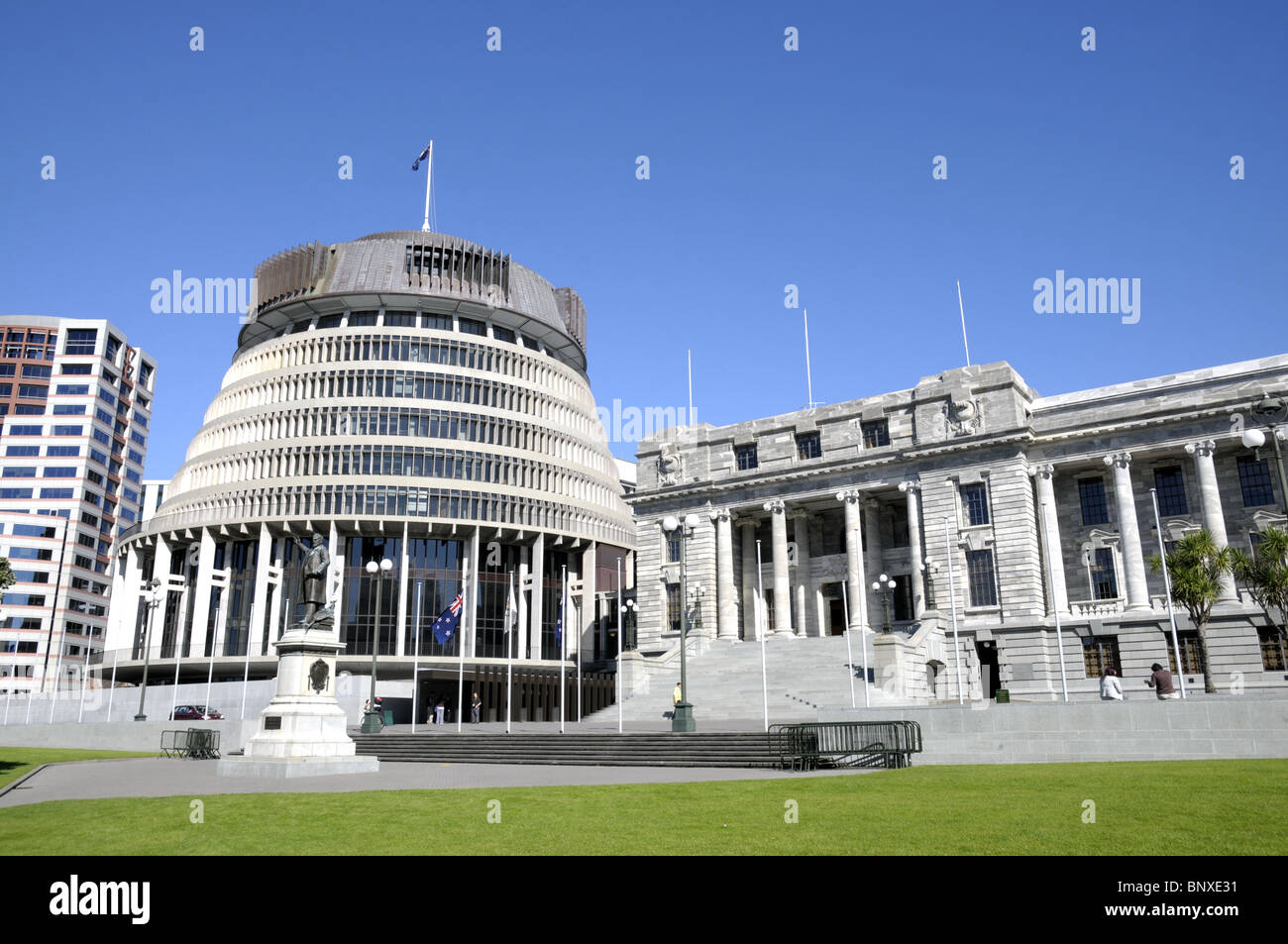 The Beehive And Parliament House In Wellington New Zealand Stock Photo