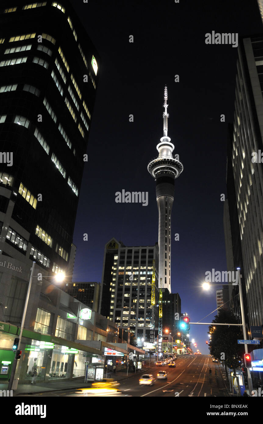 Skytower At Night In Auckland New Zealand Stock Photo