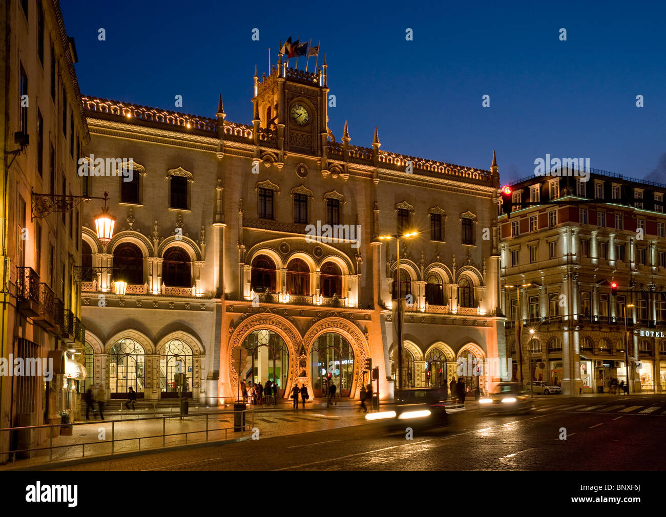 Portugal Lisbon, The Estacao Do Rossio Railway Station At Night Stock Photo