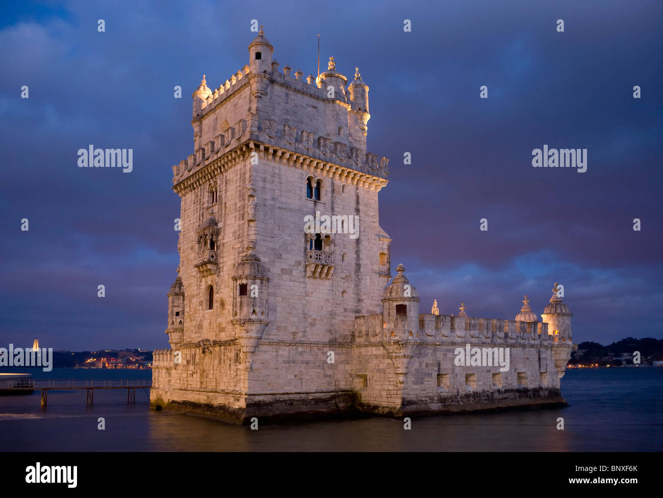 Portugal, Lisbon, The Torre De Belem Tower At Night Stock Photo