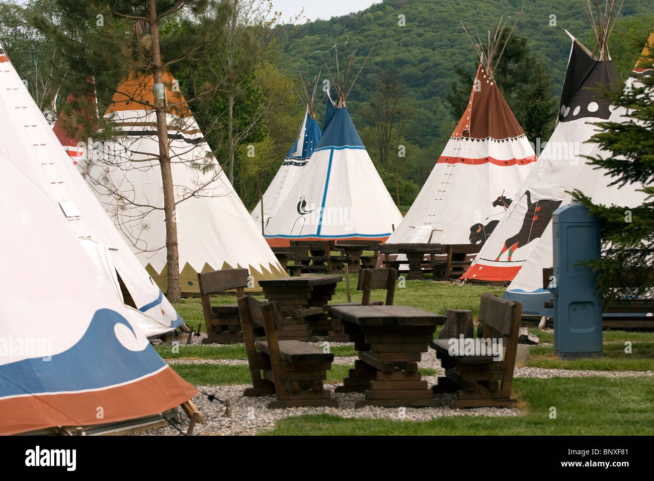 Copy of the Native Americans village with wigwams. Stock Photo