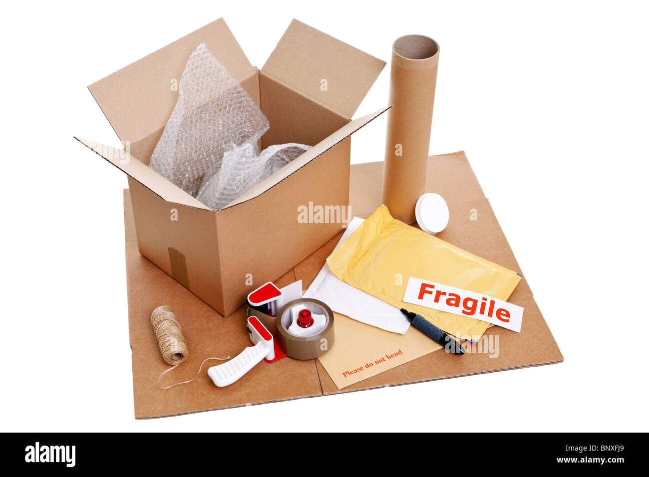 Photo of packaging items isolated on a white background. Stock Photo