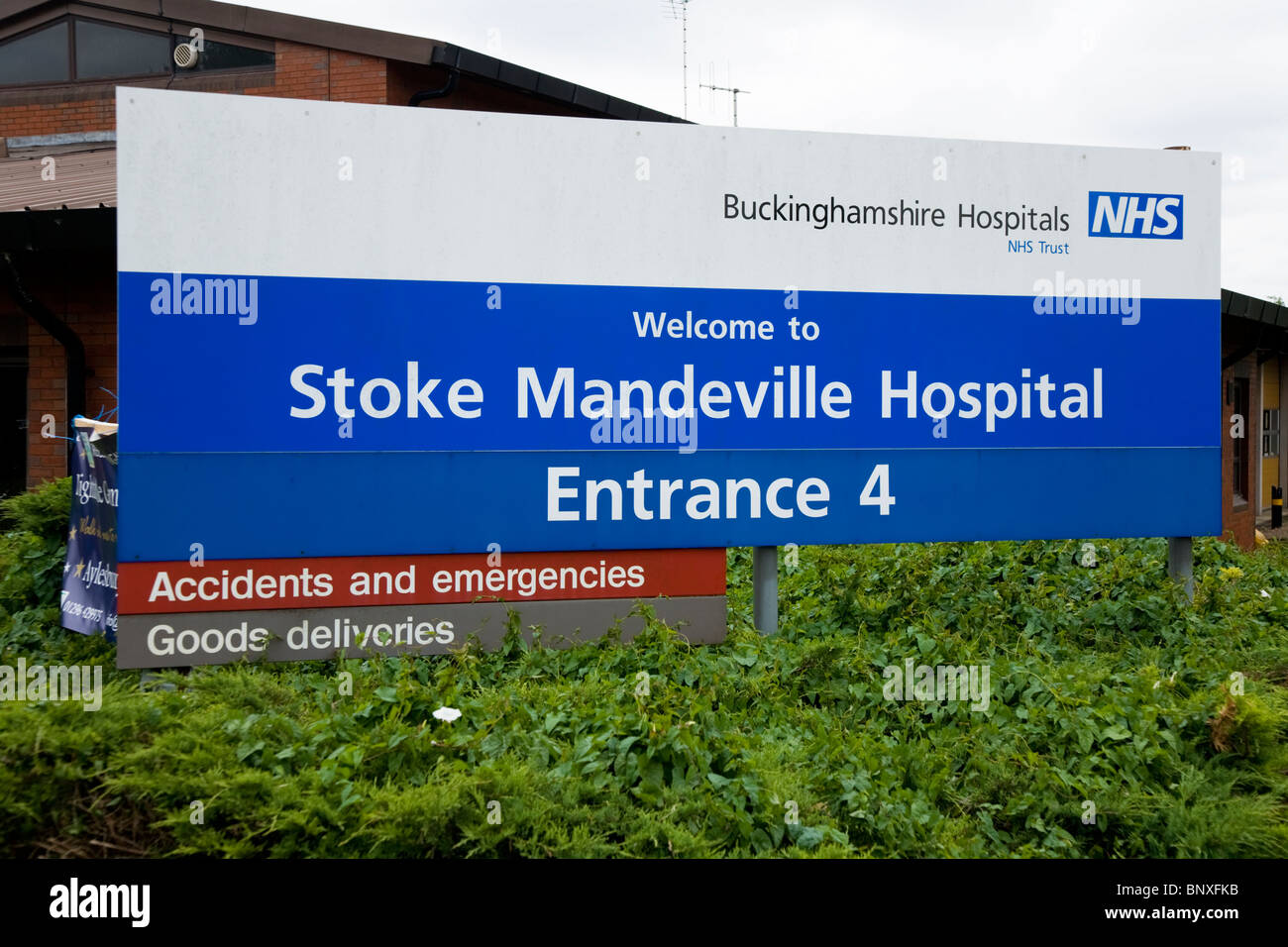 Entrance sign outside Stoke Mandeville hospital. UK. Stock Photo