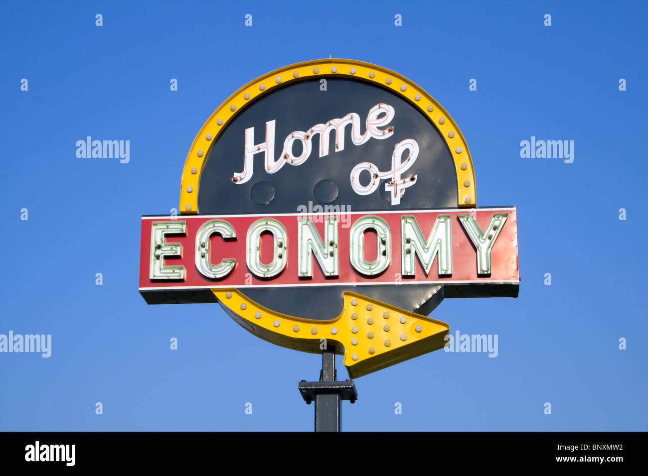 Home of Economy Sign in Grafton North Dakota Stock Photo