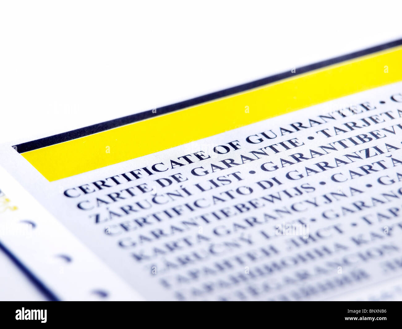 Closeup of the part of document like a certificate of guarantee. Stock Photo