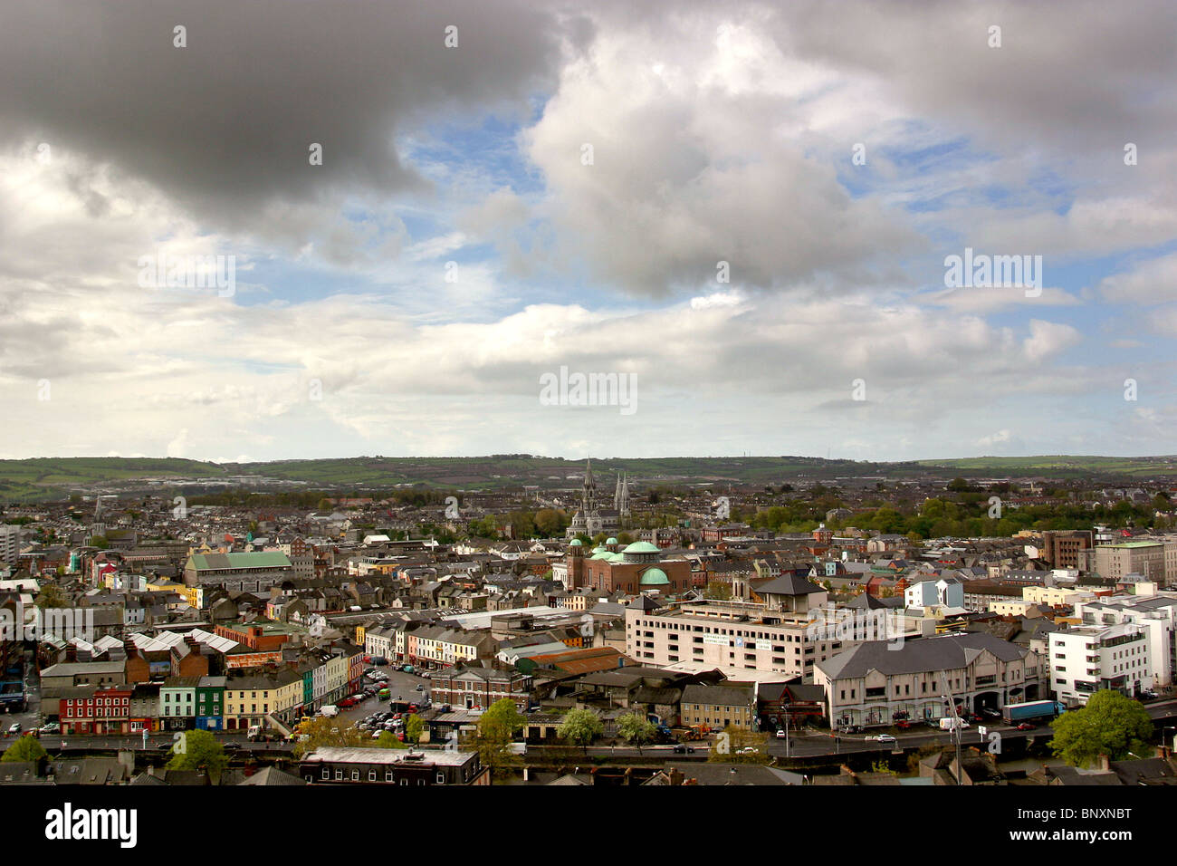 Ireland, Cork, elevated panoramic aerial view of city skyline from