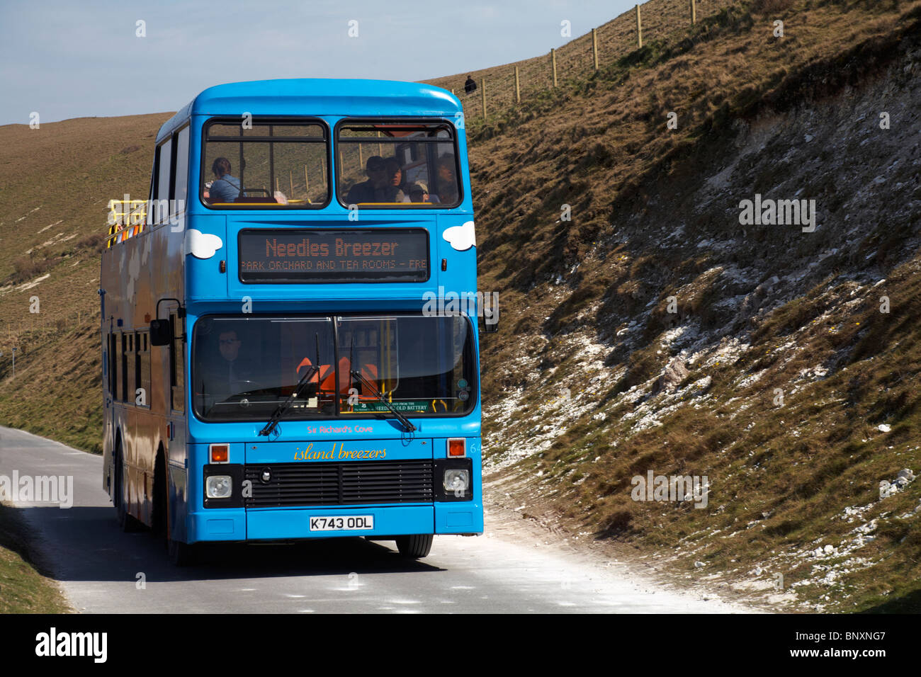 Seeing the island on an open top Needles Breezer Island Breezers bus at the Isle of Wight, Hampshire, England UK  in April Stock Photo