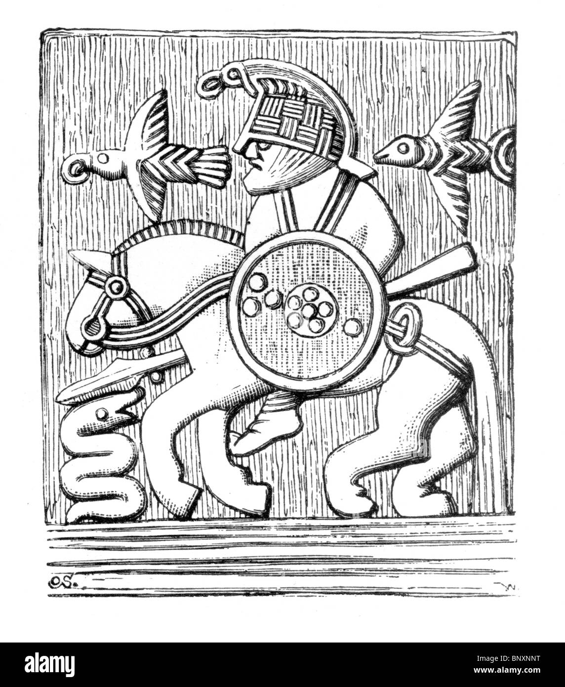 Black and White Illustration of part of a helmet of iron overlaid with bronze representing a northern warrior Stock Photo