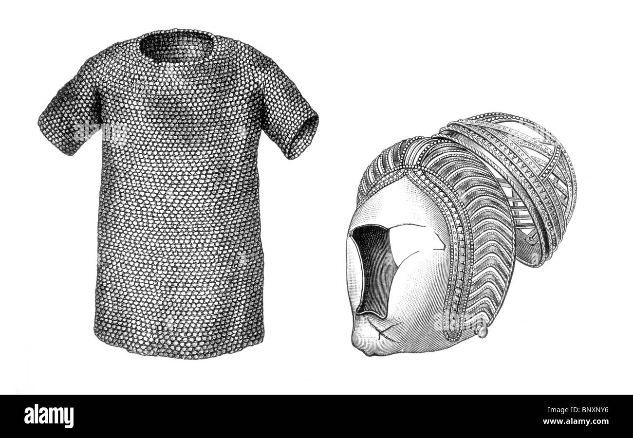 Black and White Illustration of a Viking Mailcoat and Silver Helmet; 5th Century Stock Photo